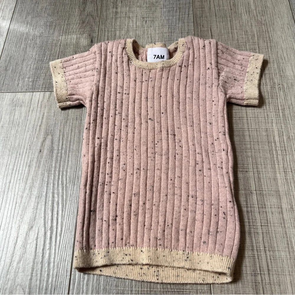 7 AM Grey Short Sleeve Top, Biker Shorts & Hat Set - Cozy Ribbed Knit 9-12 month